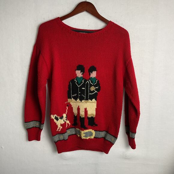 Braemar Vintage Wool Sweater Christmas Hunting Dog Design Medium Hand Knit - Picture 2 of 10